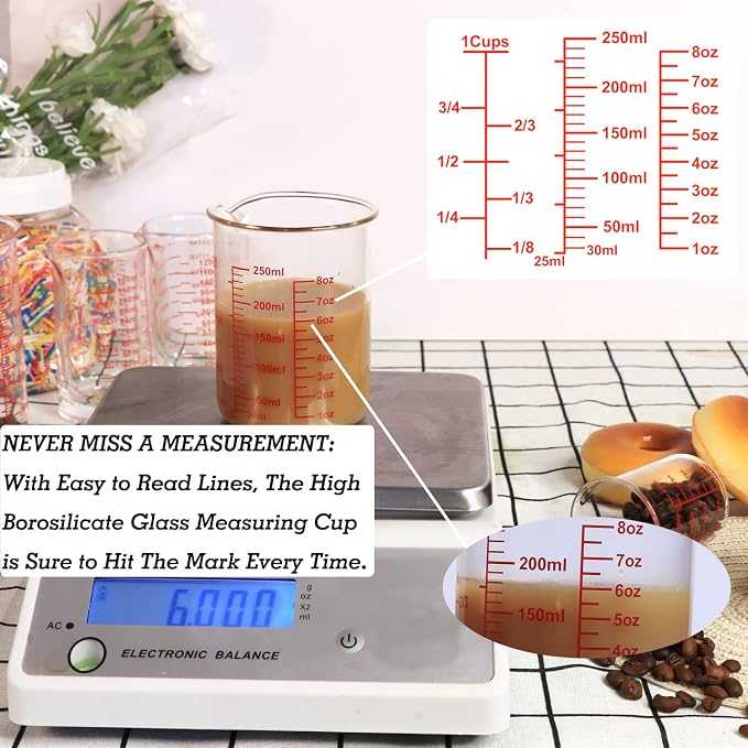 Ackers High Borosilicate Glass Measuring Cup Set with Pour Spout,60ml(2OZ),120ml(4OZ), 250ml(8OZ) Glass Measuring Beaker for Kitchen or Restaurant, Easy to Read