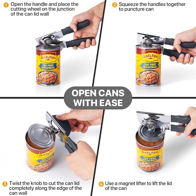 UHIYEE Heavy Duty Hand Can Opener with Comfortable Grip for Seniors, Gray | Manual Can Opener, Hardened Steel Blade, Rubber-Coated Handle, Oversize Knob, Built-in Magnet & Bottle Opener