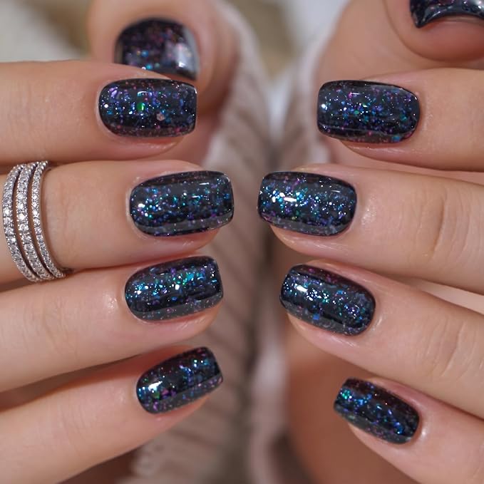 CurvLife Short Square Glitter Design Press On Nails, Midnight Prism Black | 32PCS, 16 Sizes, Salon-Quality Natural Fake Nails, Curved Fit, 7-14 Day Glue-On Wear, Reusable Stick-On Nails, Press-On Kit