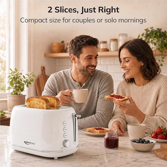 Keenstone 2 Slice Toaster, Retro Stainless Steel Kitchen Essentials, White | Retro Kitchen Decor, 18/8 Food-Grade Steel, 1.5” Slots & 6 Browning Levels, Bagel/ Defrost/ Reheat, Removable Crumb Tray