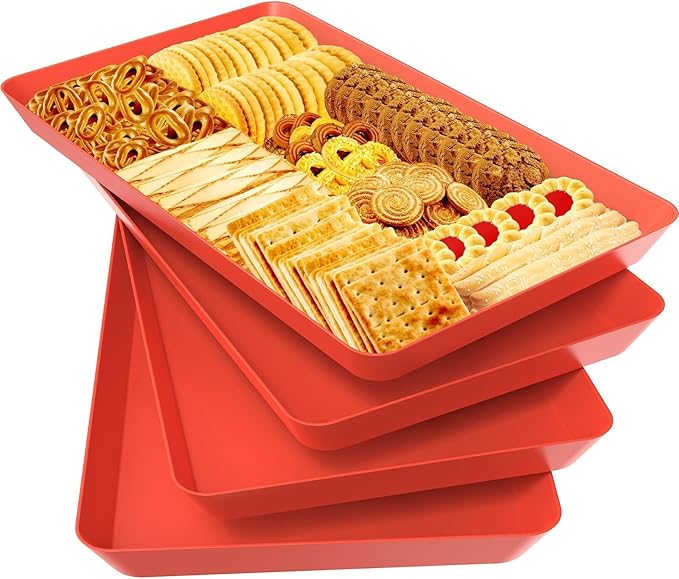 WOWBOX 4 pcs Serving Tray for Entertaining, Serving Platters for Snacks, Fruit, Cookies, Dessert, Reusable Plastic Trays for Serving Food and Pantry Organization in Kitchen & for Parties, (Red)