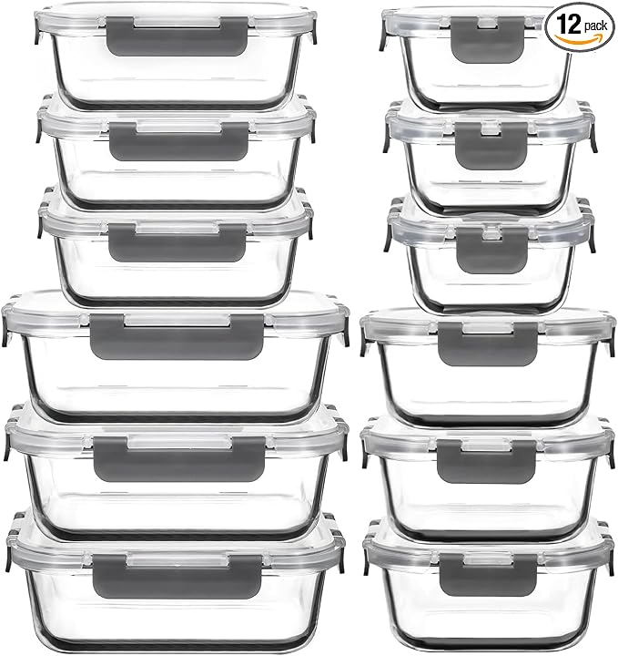AILTEC 12 Pack Glass Meal Prep Containers Set, Airtight Snap Lids, 4 Sizes | 35.5/27.1/12.5/10.8oz, Leak Proof, BPA-Free, Microwave, Oven, Freezer & Dishwasher Safe, For Meal Prep, Leftovers & Lunch