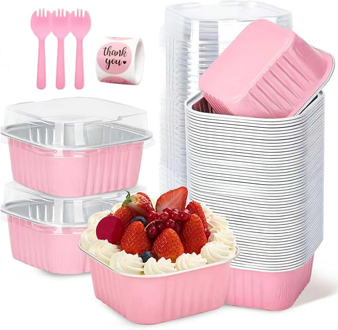 60Pack 5oz Pink Mini Cake Pans with Lids, Spoons and Stickers Baking Cups Aluminum Foil Pans Tins, Individual Dessert Cups Containers for Sales,Party,Picnics