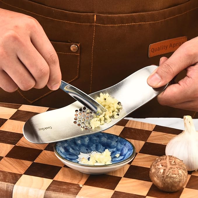 Cook Guy Garlic Press Rocker Set -304 Stainless Steel Premium | All-Steel Garlic Mincer, Crusher, Peeler, and Scraper Tool for Effortless Mincing –Dual-Handle Garlic Grinder(B0201)