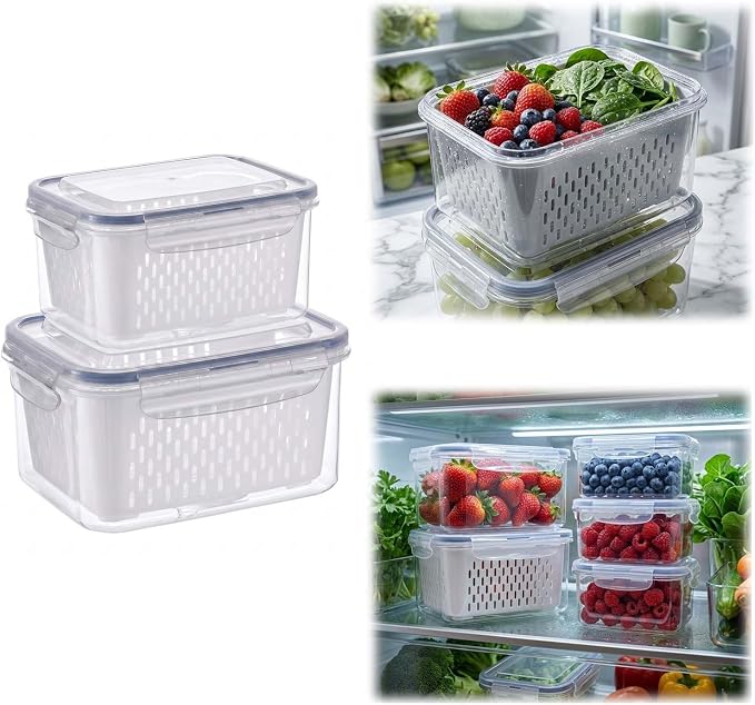 Fruit Storage Containers for Fridge with Removable Colander, Airtight Produce Storage Containers with Lids, Fridge Organizers and Storage for Berry, Fruit, Vegetables, Salad & Meal Prep (Gray, S+M)
