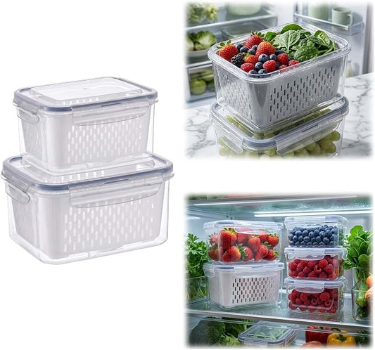 Fruit Storage Containers for Fridge with Removable Colander, Airtight Produce Storage Containers with Lids, Fridge Organizers and Storage for Berry, Fruit, Vegetables, Salad & Meal Prep (Gray, S+M)