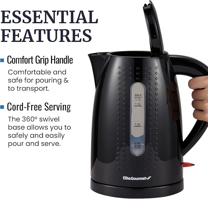 Elite Gourmet EKT5051 1.7L Electric Water Kettle, BPA-Free Fast Boil, Black | Auto Shut-Off, Boil-Dry Protection, 360° Swivel Base Cordless Serving, Clear-View Water Level Window