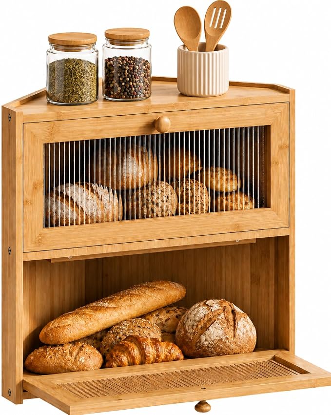 BAMBANG Corner Bread Box for Kitchen Countertop, Double Layer Bamboo Bread Storage Container with Wavy Windows, Farmhouse Large Bread Bin, Wooden Breadbox Holder for Homemade Bread (Natural)