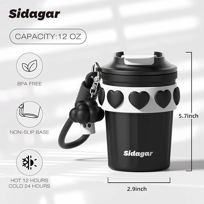 SDGA+ 12 oz Travel Coffee Mug Spill Proof Leak Proof, Stainless Steel Thermal Coffee Cup with Lid, Resuable Cup for Hot and Cold, Portable Tumbler for Women, Black