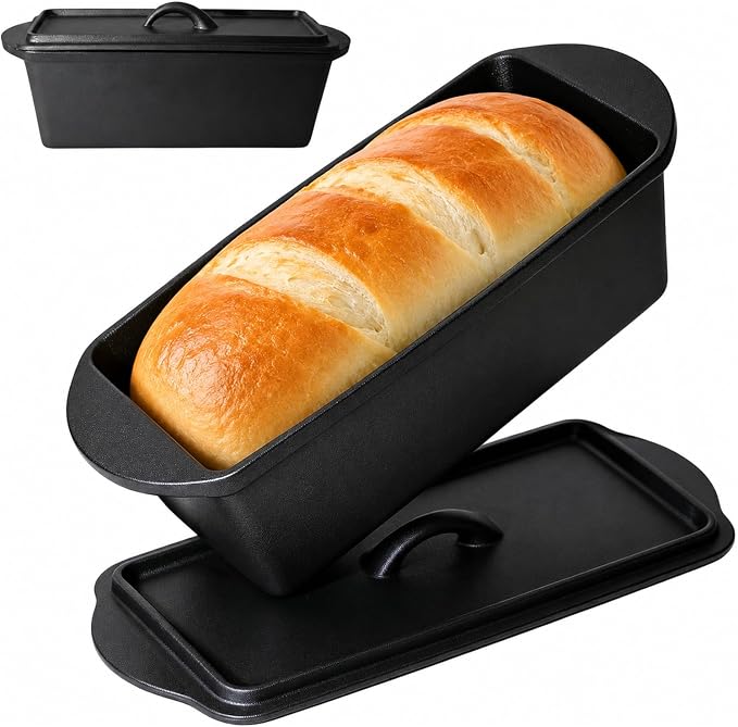 Black Cast Iron Loaf Pan with Lid, 13.8 Inch Bread Baker for Sourdough | For sandwich bread, banana bread, pound cake, meatloaf, casseroles and home oven baking.