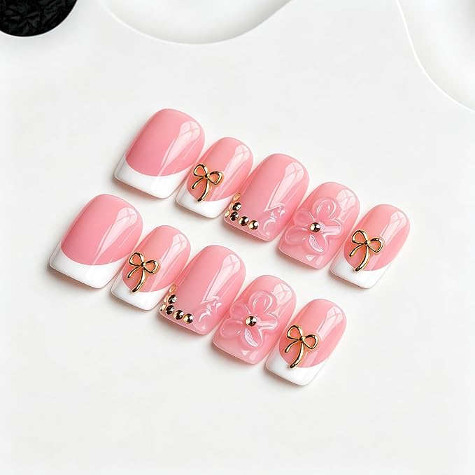10pcs Handmade Press on Nails Short Thicked 3D Bow & Flower Designs Muti-Layer Gel Square Fake Nails Acrylic Luxury Rhinestones French Tip Hand Made Press on Nails for Women (S）