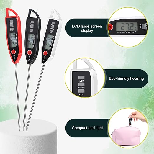 12 Set Digital Food Thermometer Long Probe Instant,Black,White,Red | Waterproof for Water, Liquid, Candle and Cooking Meat Thermometer Read for Kitchen BBQ Grill Candy