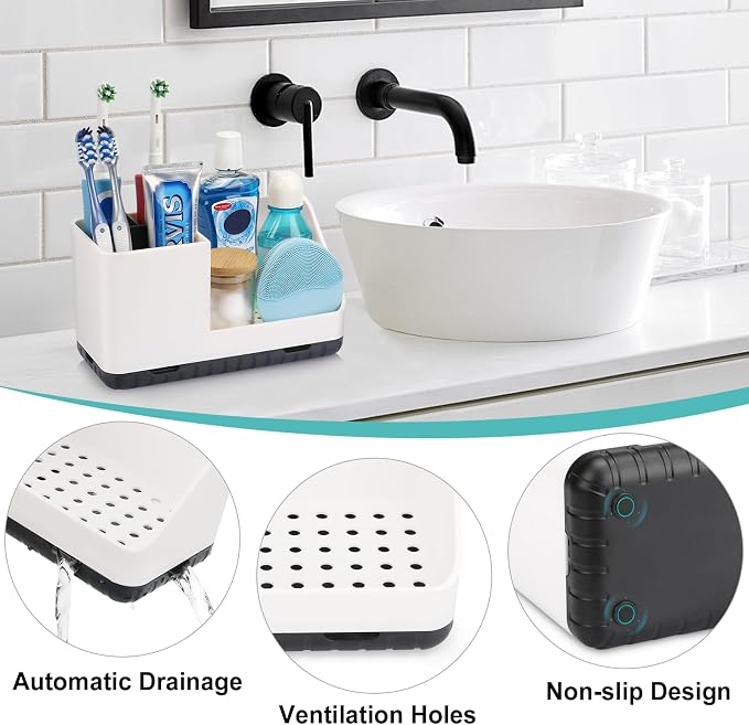 Toothbrush Holders for Bathroom Counter Organizer and Storage (White) | Easy To Clean, Drainage, Non-Slip, Detachable, Kids Electric Toothbrush and Toothpaste Holder for Bathroom