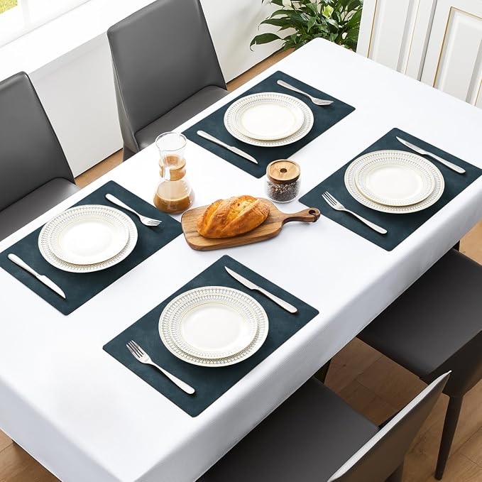 MOSAYT Vinyl Placemats Set of 12-12 X 17 Inch - Faux Leather 100% Waterproof Oil-Proof Wipeable PU Place Mats, Heat Resistant Reversible Table Mats for Kitchen, Dining, Outdoor, Navy Blue