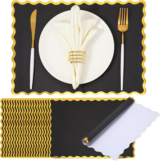 FoldTier 150 Pcs Disposable Paper Placemats Bulk 10"x14" Rectangle Place Mats with Scalloped Edges Dining Table Mat for Wedding Birthday Party Table Decoration(Black)