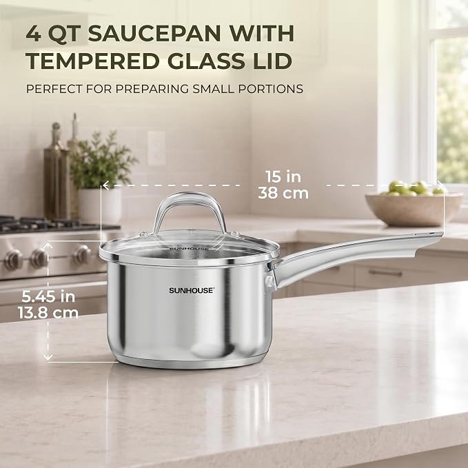 SUNHOUSE 4 QT Stainless Steel Sauce Pan with Lid, Small Pot for Cooking | PFOA-Free Uncoated Milk Pan & Butter Warmer, Saucepan with Impact Bonding Base for Induction, Gas, Electric