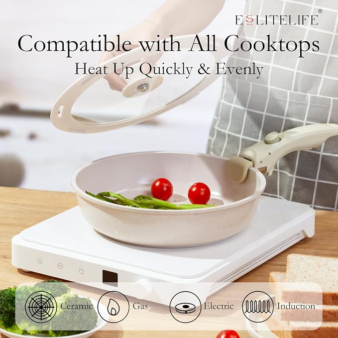 ESLITE LIFE Nonstick Ceramic Frying Pans Skillets Set with Lids & Detachable Handle, Non-Toxic Egg Omelette Kitchen Cooking Pans Compatible with All Stovetops, PTFE & PFOA Free, White, 7-Piece