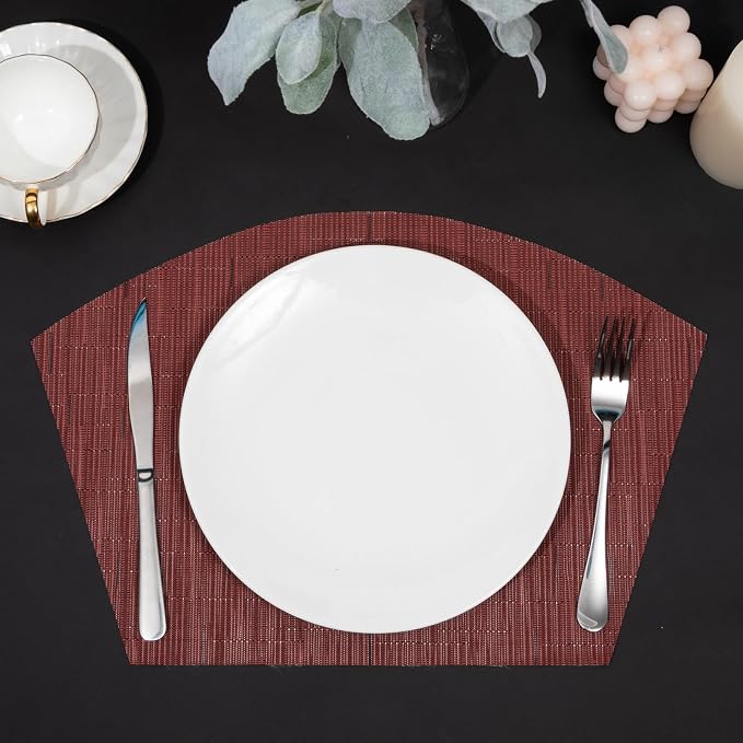SHACOS Small Round Table Placemats Set of 5 Woven Vinyl Wedge Placemats with Centerpiece Round Table Mats Heat Resistant Wipe Clean (5, Burgundy Red)