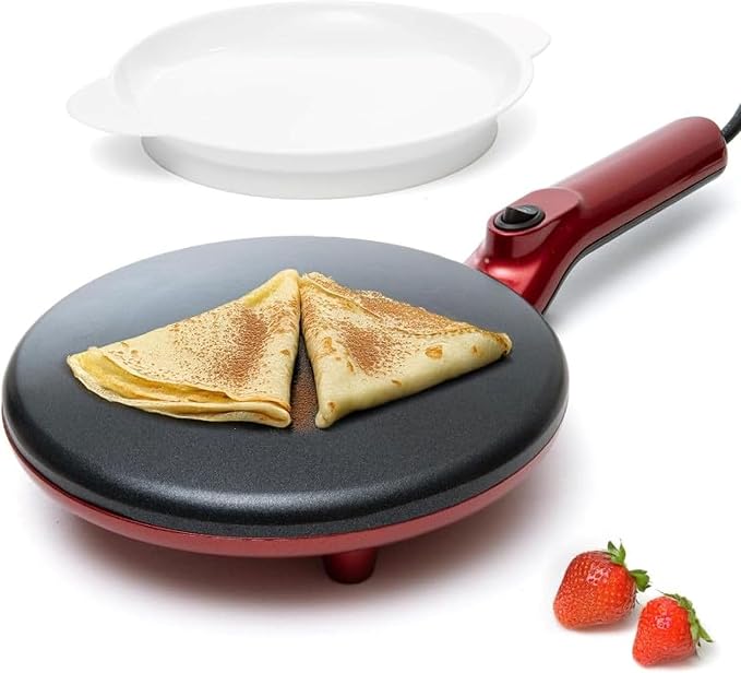 Moss & Stone Red Electric Crepe Maker, 8" Portable Nonstick Crepe Pan | Nonstick dipping plate, auto shut-off, on/off switch, even heating, dual temperature control, compact design