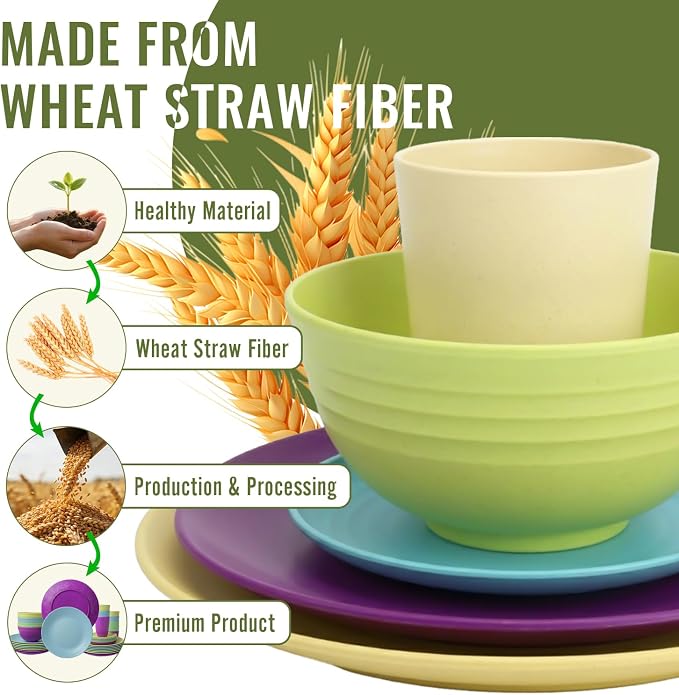 Kitchen Wheat Straw Dinnerware Set | Service for 8 | Unbreakable Dinnerware Set Plates and Bowls Sets Dinner Plates Dessert Plate Drinking Glasses Cereal Bowls Kitchen Dishes Sets - Memphis