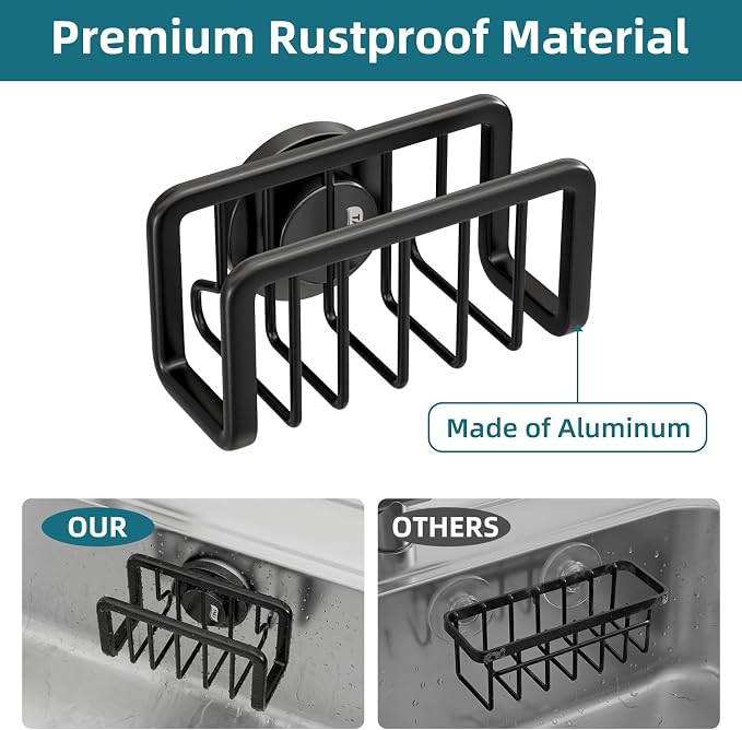 TAILI Black Sponge Holder for Kitchen Sink with Strong Suction Cup | Removable Sink Caddy for Kitchen Sink Oganizer, Rustproof Aluminum Sink Sponge Holder for Scraper Brushes, Stoppers