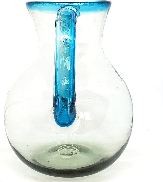 Aqua Blue Rim 120 oz Large Bola Pitcher, Recycled Glass, Lead-free, Toxin-Free (Pitcher)