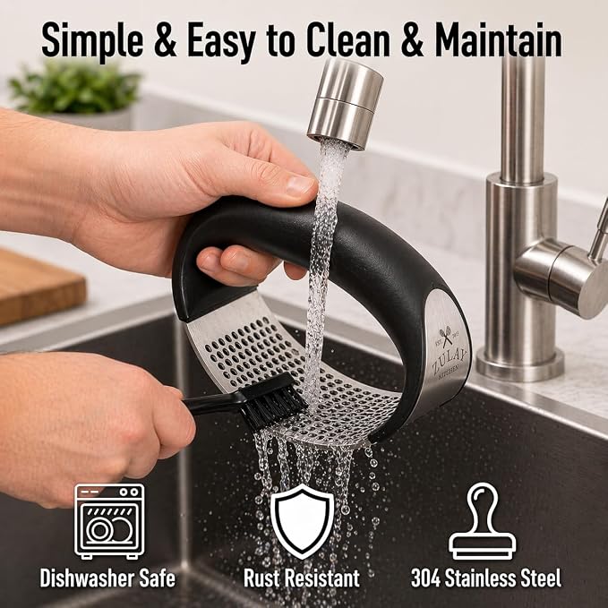 Zulay Kitchen Stainless Steel Garlic Press Rocker Set - Premium Garlic Mincer Garlic Crusher - New Innovative Garlic Crusher with Peeler and Scraper - Comfortable Grip (Black)