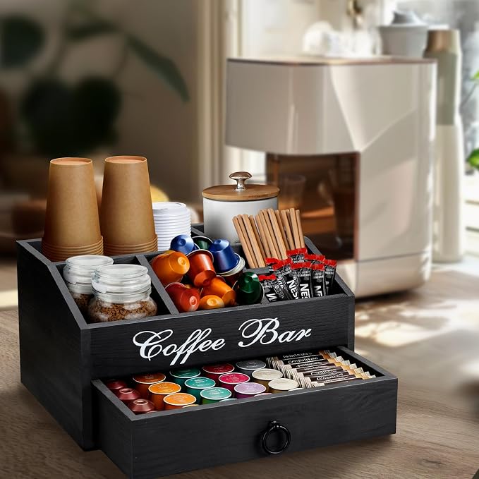 Wooden Coffee Station Organizer for Countertop | 6 Compartments & a Drawer | Farmhouse Coffee Pods Holder Coffee Bar Accessories and Tea Condiment Basket