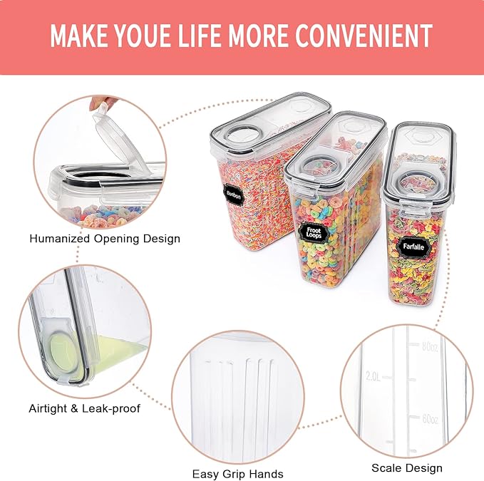 PRAKI Large Dry Food Storage Containers with Lids, 6PCS Airtight Cereal Containers Storage Set, Leak-proof Canister Set for Kitchen Pantry Organization with 20 Labels & Marker (4L Black)