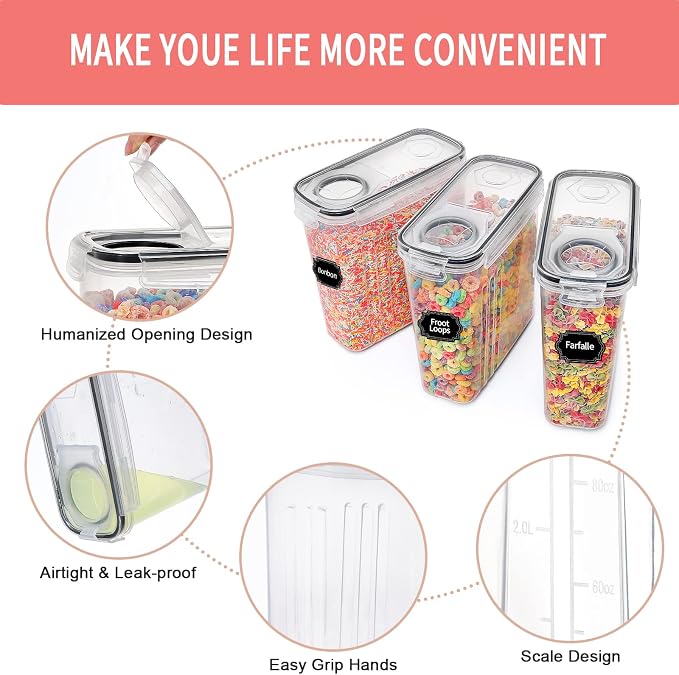 PRAKI Cereal Containers Storage Set (4L,135.2 Oz), 8PCS Airtight Food Storage Containers with Lids for Kitchen & Pantry Organizers and Storage, Cereal Dispensers with 20 labels, Measuring Cup & Marker
