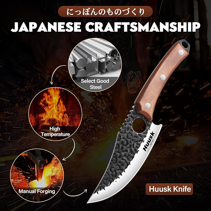 Huusk Viking Knife with Leather Sheath, Hand Forged Chef Butcher Knives | Razor-sharp Japanese Carbon Steel Meat Cutting Knife with Wood Handle for BBQ, Camping & Kitchen, Cooking Gifts for Men & Dad