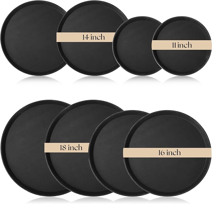 Zopeal 8 Pcs Bar Service Tray Round Plastic Non Slip,11", 14", 16", 18" | For Waiter Server in Restaurant Cafeteria Bar, Raised Edges Prevent Spills, Cocktail Food Server, Textured Surface Grip