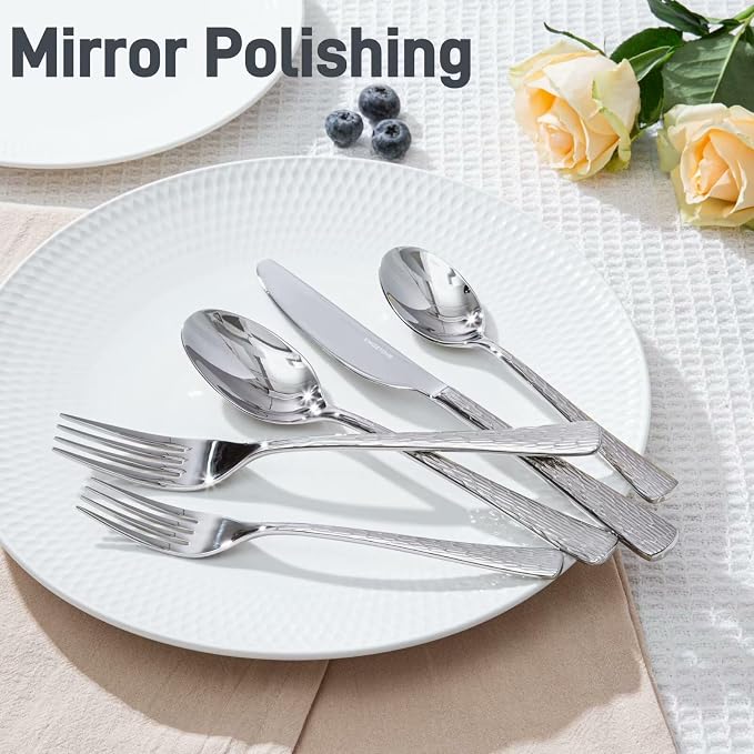Silverware Set with Serving Utensils, 65 Piece Flatware Set, 18/10 Steel | Hammered Ripple Handles, Serving Utensils, 18/10 Steel, Dishwasher Safe, Rust Resistant, Gift Box, for Weddings & Parties