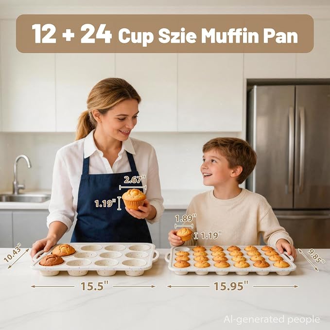 Silicone Mini Muffin Pan Set: 12 & 24 Small Cupcake Baking Pan with Frame | Easy Release - Complete Shaping Each Use Avoid Re-baking - BPA-free Muffin Trays Reinforced Frame for Oven Home Bakers Vnray
