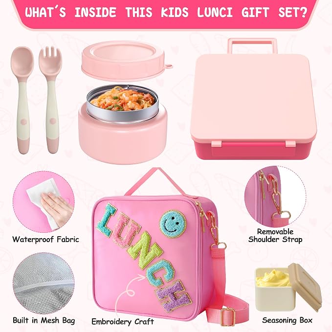Aimsnk Lunch Box Kids with Thermo Insulated Lunch Bag for School, Pink | Bento Lunch Box for Kids with 8oz Food Jar, Leak Proof Hot Lunch Containers with 4 Compartment, Warm Lunchbox for Toddler