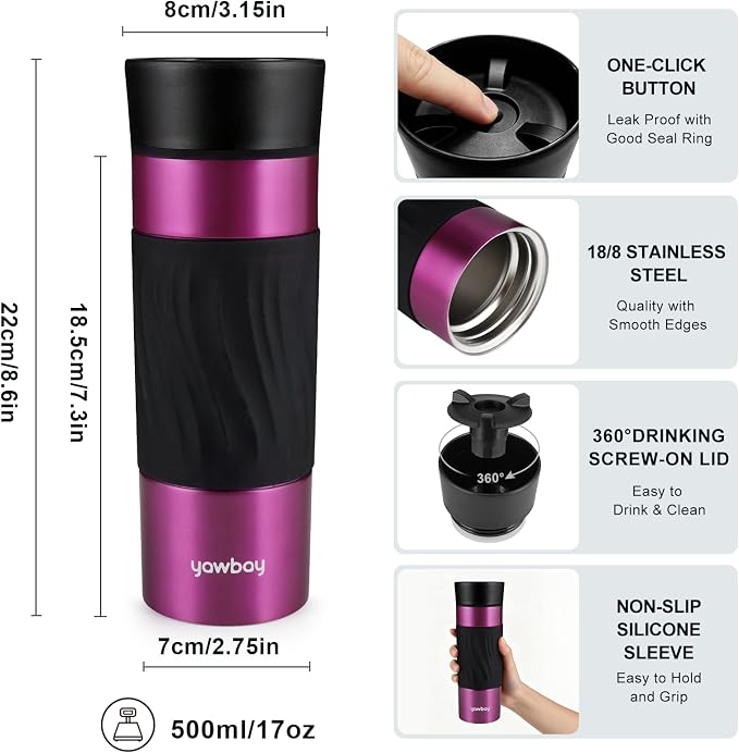 Travel Coffee Mug with 360°Lid, Travel Coffee Tumbler 16 Oz Leak Proof, Stainless Steel Insulated Travel Mugs for Hot and Cold Spill Proof(MetPaintBlue)