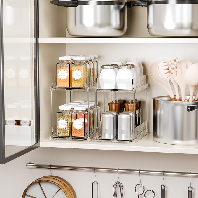 2 Tier Pull Out Cabinet Organizer and Medicine Cabinet Storage for Supplement,Vitamin,Medication and Pill Bottle,10.4" Deep Pantry Organizers Drawer,Under Sink Organizer for Bathroom,Cupboard