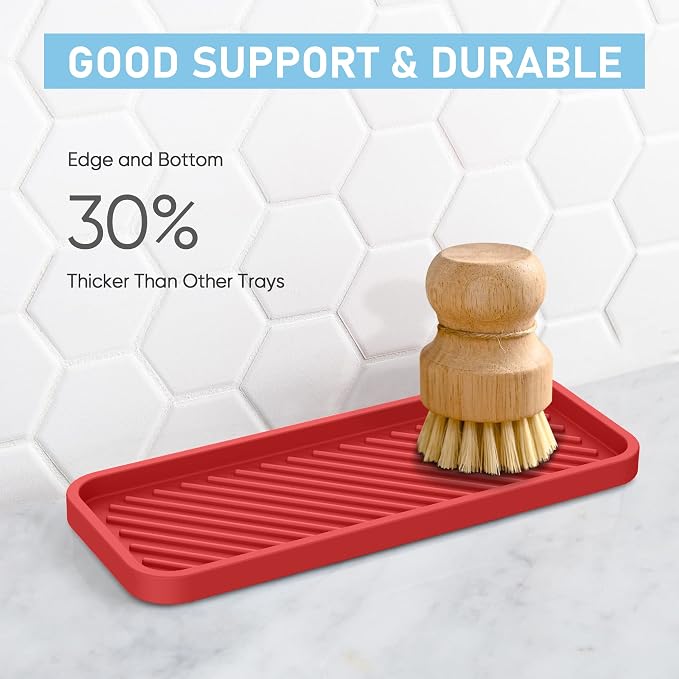 Kitchen Silicone Sink Organizer Tray, Sponge Holder for Sink Caddy（Red） | Silicone Soap/Sink/Drip Tray, Kitchen Sink Organizer, Small Mats for Counter, Soap Dish Tray, Dishwashing Accessories