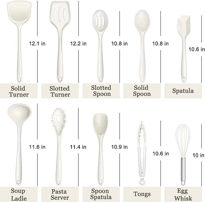 E-far 10 Pieces Silicone Cooking Utensils Set, Heat Resistant, White | Kitchen Utensil Set for Nonstick Cookware, Cooking Tools with Spatula, Spoon, Slotted Turner, Non-Toxic & Dishwasher Safe
