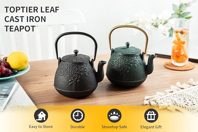 Toptier Tea Kettle for Stove Top, Cast Iron Teapot Stovetop Safe with Infusers for Loose Tea, 54 oz, Black