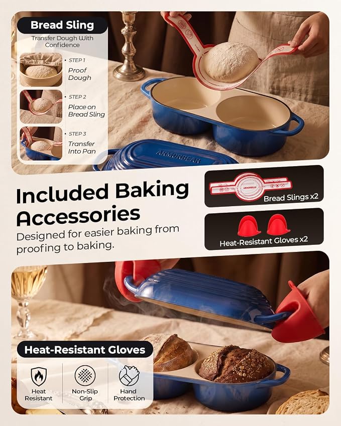 Mini Double Dutch Oven for Sourdough, Enameled Cast Iron Bread Pan, Blue | Double Loaf Bread Pan with Lid, Mini Sourdough Dutch Oven for Bread Baking
