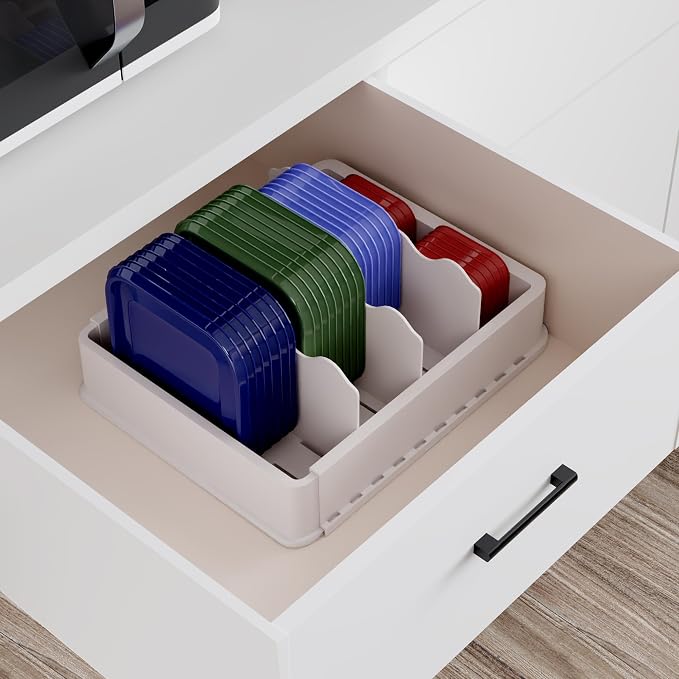 SWOMMOLY Expandable Food Container Lid Organizer for Kitchen Cabinet | Expands 9.8" to 17.3", Lid Holder with 6 Adjustable Dividers, 30 Writable Labels for Cabinets, Drawers and Pantry Storage