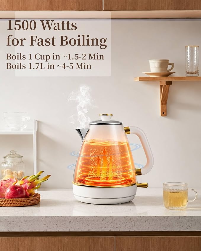 Olumaramio 1.7L Retro Electric Kettle with Thermometer, 1500W, Pearl White | 304 Stainless Steel, 1500W Fast Boiling, Auto Shut-Off, Boil-Dry Protection, BPA-Free