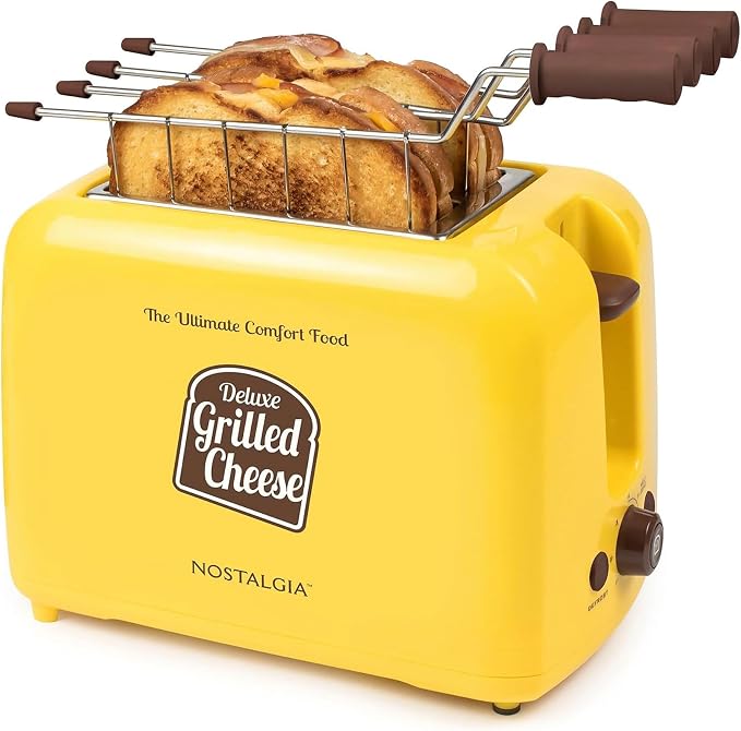 Nostalgia Deluxe Grilled Cheese Sandwich Toaster with Easy-Clean Toasting Baskets - Adjustable Toasting Dial and Extra Wide Slots - Yellow