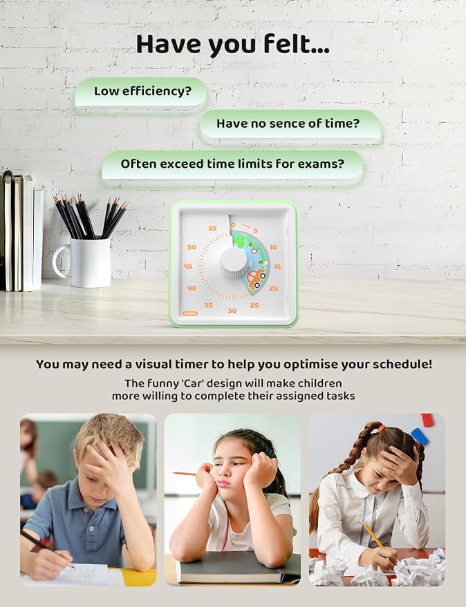 LIORQUE Visual Timer for Kids, 60 Minute Countdown Timer, Light Green | Non-Ticking, 3 Volume Levels with Mute Function, Timer for Kitchen Cooking Classroom ADHD, 2 AAA Batteries Included