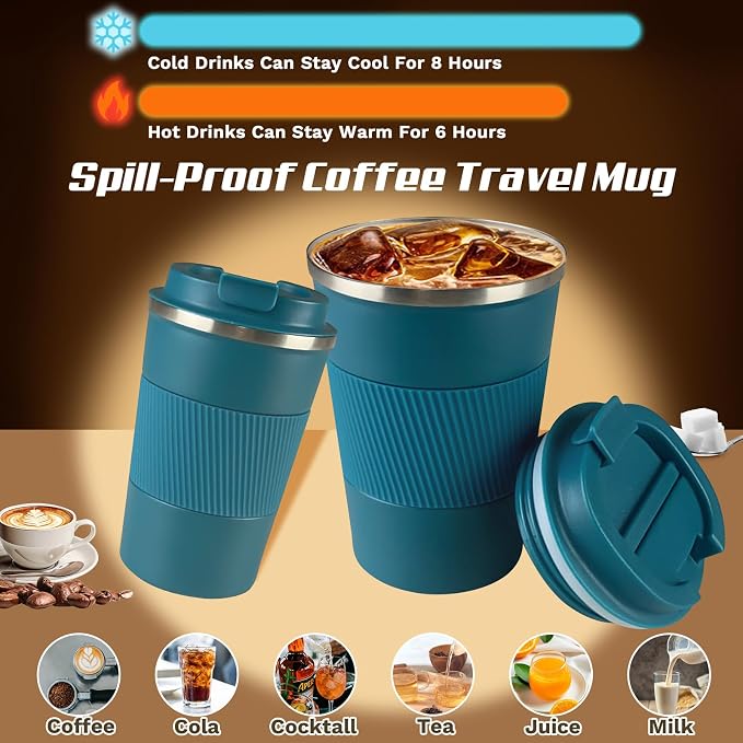 Vacuum Insulated Stainless Steel Travel Coffee Mug, Leak Proof Cup with Lid | 304 stainless steel mug with vacuum insulation, leak proof lid, silicone grip and car cup holder friendly design