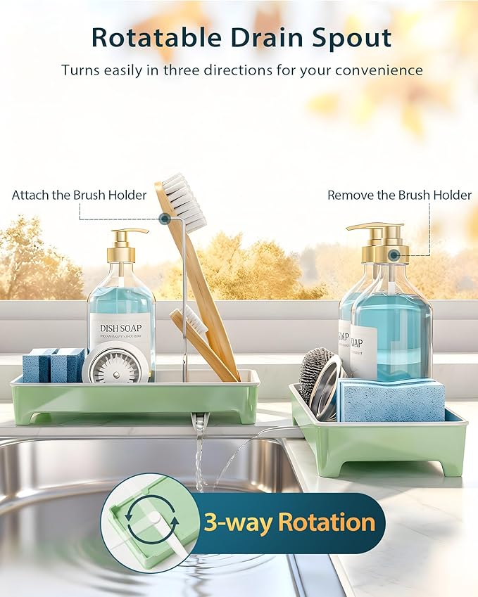 Minimalist Sink Caddy, Rustproof Sponge Holder for Kitchen Sink Green | Large Rustproof countertop organizer with 304 stainless steel brush holder, raised ridges and silicone drain tube