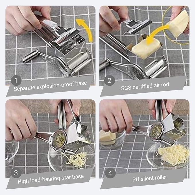 Handheld Cheese Grater Shredder, Stainless Steel | Effortless Hand Crank Rotary Design - Quickly Prep Parmesan, Vegetables, Nuts for Salads, Pasta & & Easy-Clean Kitchen Tool