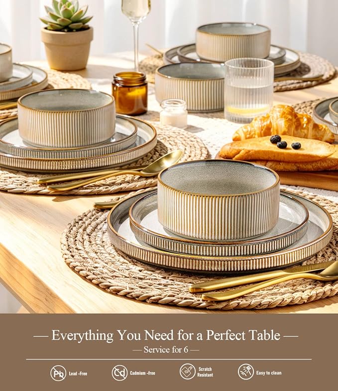 GBHOME Stoneware Dinnerware Sets for 6, 18-Piece Plates and Bowls Set | Handmade Reactive Glaze Ceramic Dish Set, Scratch Resistant, Dishwasher&Microwave Safe,Green Wheat