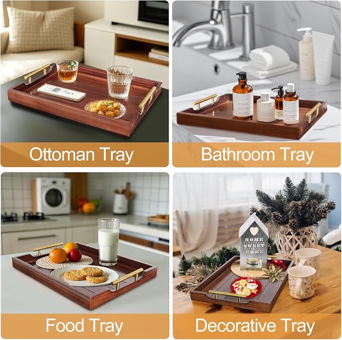 SXNOWS Large Wooden Serving Tray with 2 Sets of Handles,Dark Brown | Rectangle 16.5x13 Inch Ottoman Decorative Tray for Coffee Table Kitchen Bar Living Room Breakfast in Bed, 4 Coasters Included